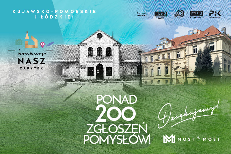 ponad 200 zgłoszonych pomysłów - kujawsko-pomorskie i łódzkie. Dziękujemy! W tle rysunkowe wizerunki dworku w Uniejowie i zespołu pałacowo-parkowego w Kruszynie. Patroni medialni: TVP3 Łódź, Radio Łódź, TVP3 Bydgoszcz, Polskie Radio PiK.