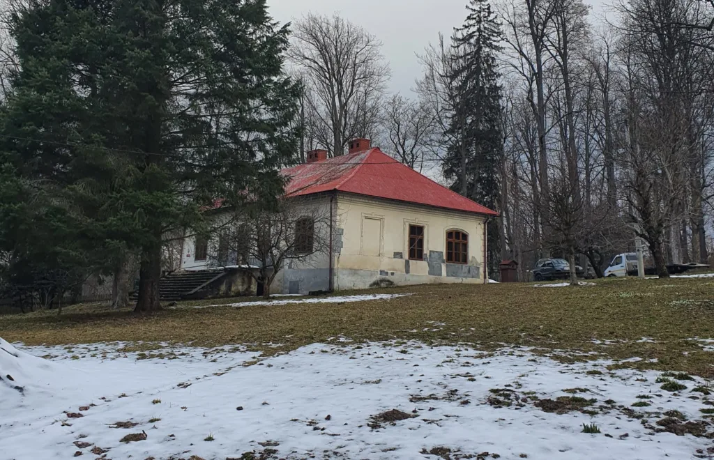 Widok pałacu z zewnątrz w otoczeniu zieleni i śniegu.