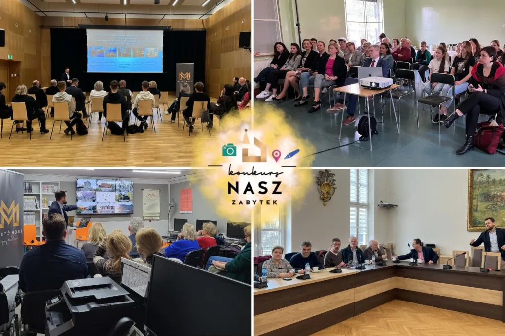 Kolaż czterech zdjęć z czterech spotkań z mieszkańcami. Na każdym ze zdjęć widoczna grupa ludzi w trakcie spotkania. Na środku logo Konkursu Nasz Zabytek.